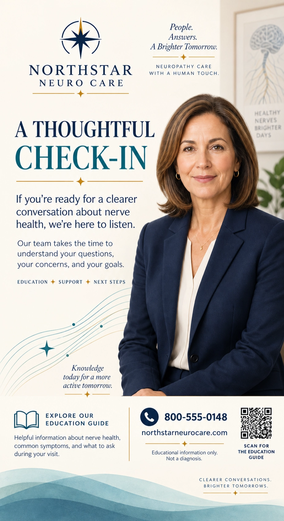 Patient reactivation mailer: a thoughtful check-in, if you’re ready for a clearer conversation about nerve health, we’re here to listen; explore our education guide, request a conversation, the number to call; educational information only, not a diagnosis.