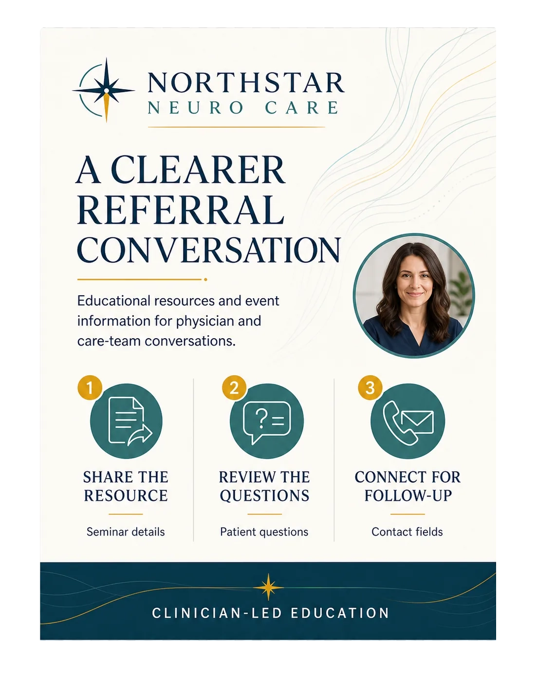 Physician referral one-sheet: a clearer referral conversation, educational resources and event information for physician and care-team conversations; share the resource, review the questions, connect for follow-up; clinician-led education.