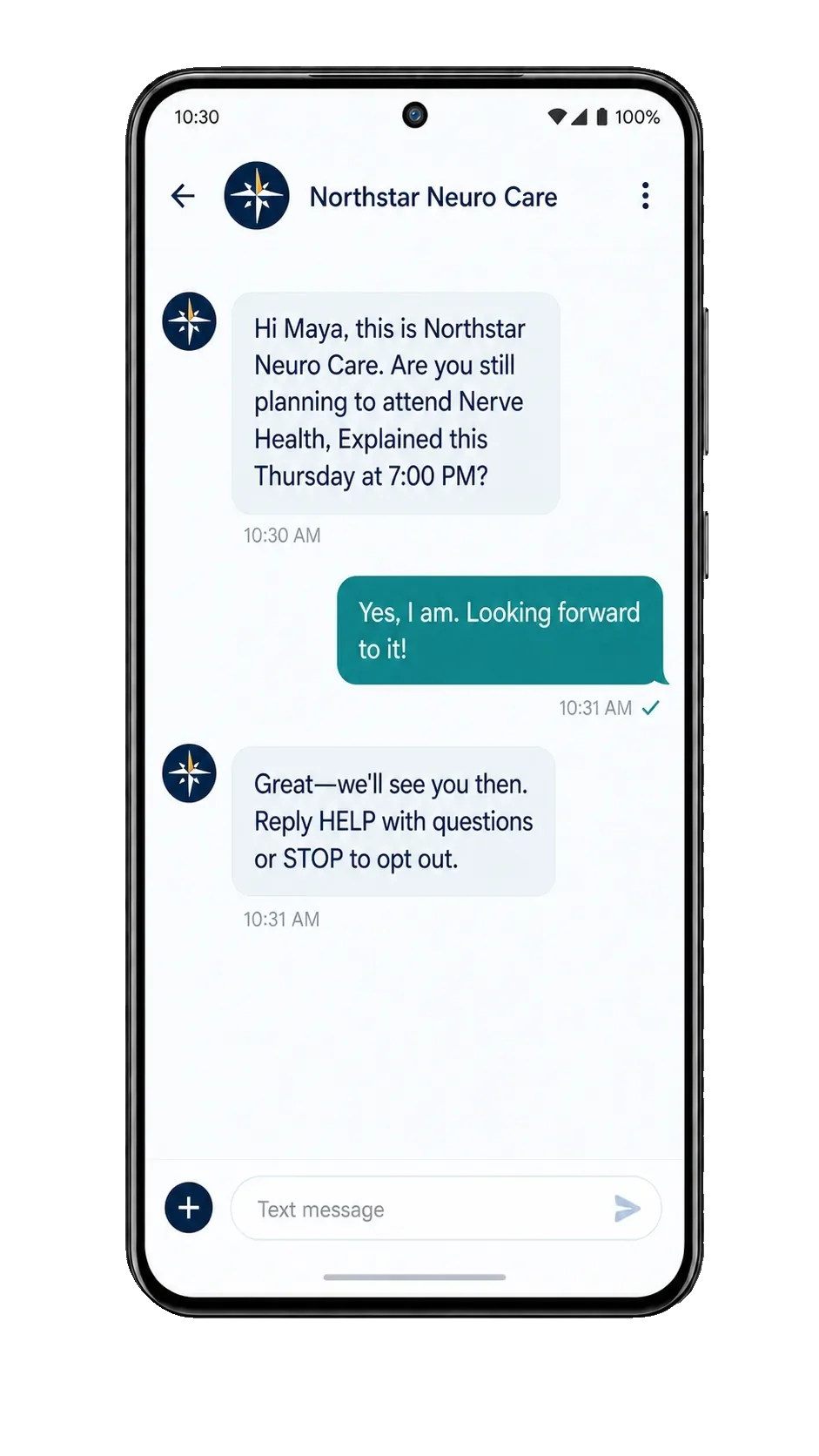 Confirmation and reminder text, addressed by first name: are you still planning to attend, the seminar named with its day and hour; the reply; then we’ll see you then, reply HELP with questions or STOP to opt out.