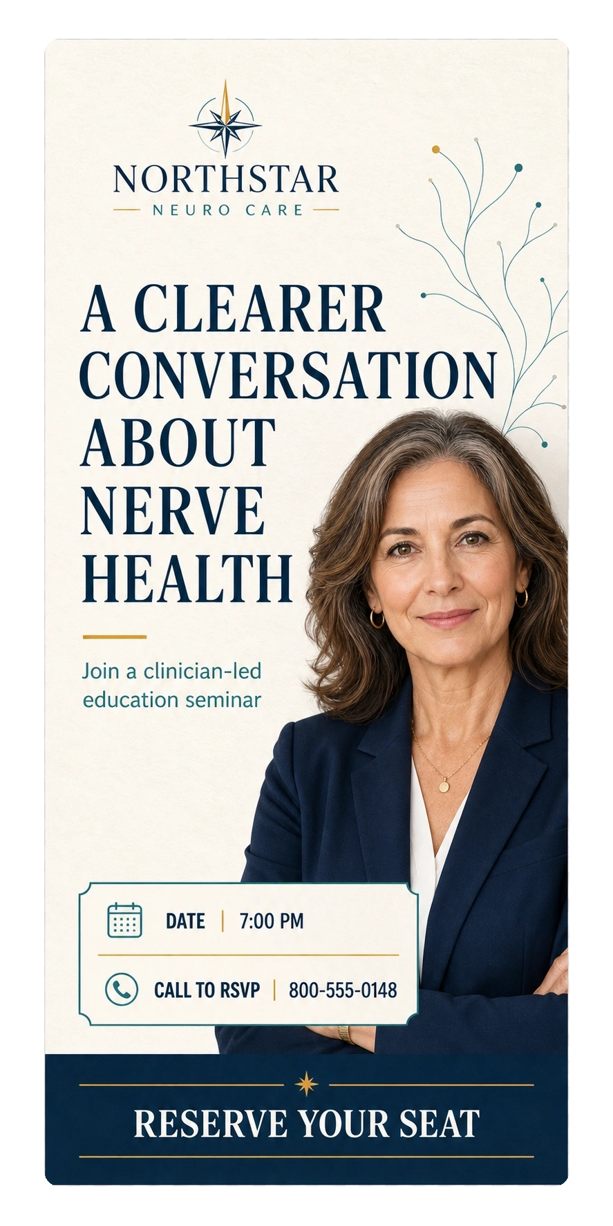 Seminar invitation: a clearer conversation about nerve health, join a clinician-led education seminar; the day and the hour, call to RSVP with the number; reserve your seat.