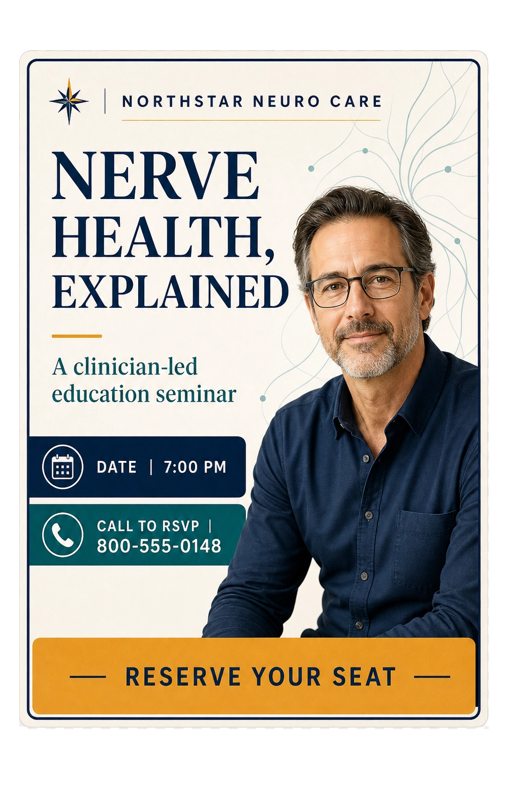 Seminar-registration lead ad: nerve health, explained, a clinician-led education seminar; the day and the hour, call to RSVP with the number; reserve your seat.