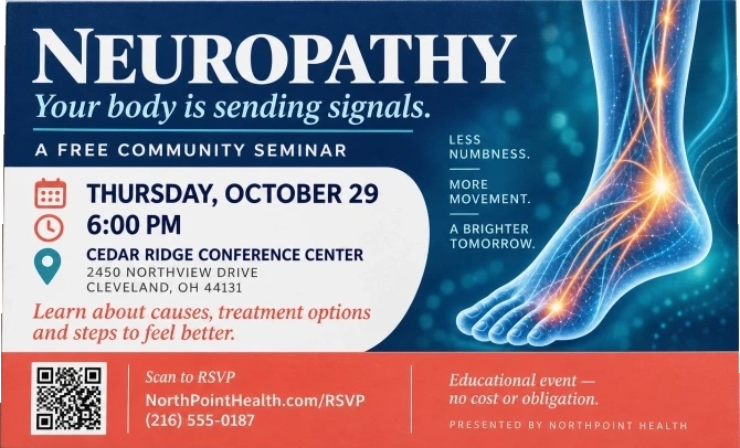 Community-seminar self-mailer proof: neuropathy, your body is sending signals, a free community seminar; the day, the hour and the venue printed on the card; reserve your seat, the RSVP address and its QR code; an educational event, no cost or obligation.