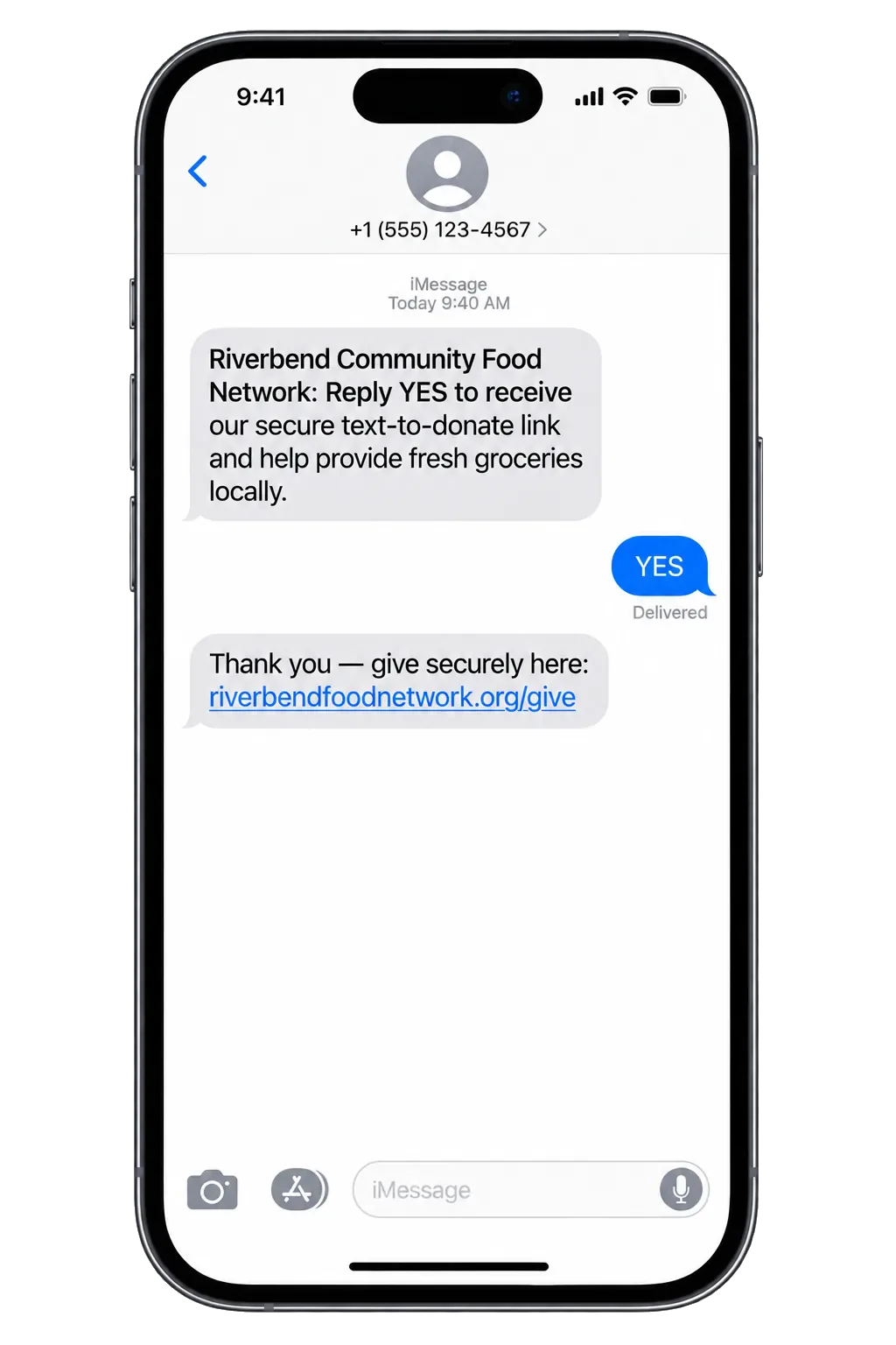 Text-to-donate text: reply YES to receive our secure text-to-donate link and help provide fresh groceries locally; the YES, then the network’s own giving link.