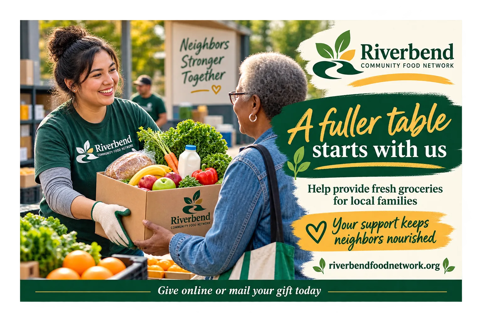Fundraising mailer: a fuller table starts with us, help provide fresh groceries for local families; your support keeps neighbors nourished, the network’s own address, and give online or mail your gift today along the foot.