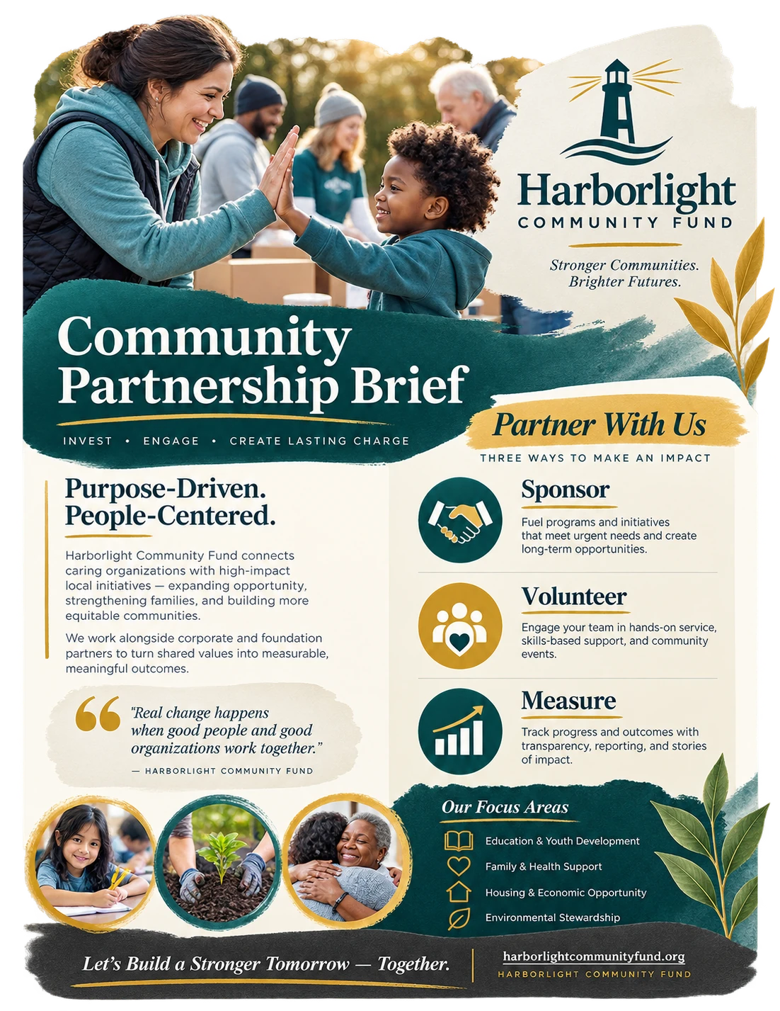 Corporate-partner one-sheet: a community partnership brief; purpose-driven, people-centered, with three ways to take part — sponsor, volunteer and measure — the fund’s four focus areas, and its own address.