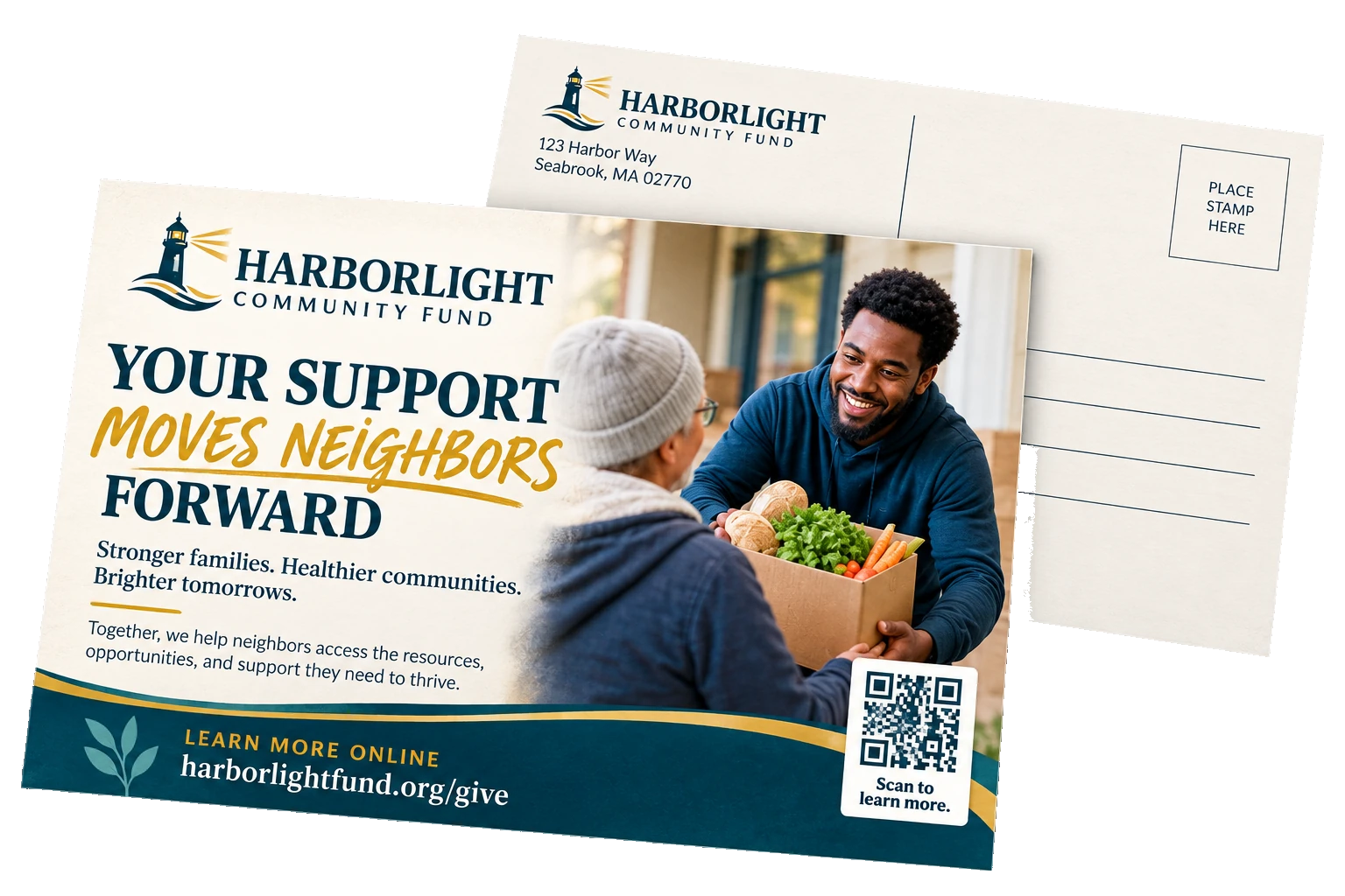 Donor-acquisition appeal postcard: your support moves neighbors forward; stronger families, healthier communities, brighter tomorrows; together we help neighbors access the resources, opportunities and support they need to thrive, and the fund’s own giving address.