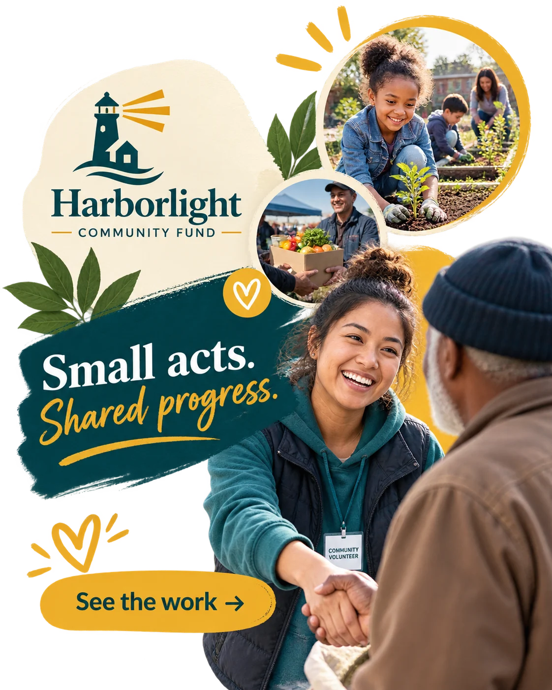 Fundraising carousel: small acts, shared progress; a community volunteer shaking hands, neighbours planting and a produce box handed over; see the work.