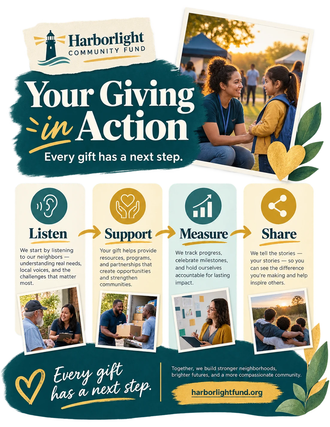 Impact-story guide: your giving in action, every gift has a next step; listen, support, measure and share set out as four steps with what each one covers, and the fund’s own address.