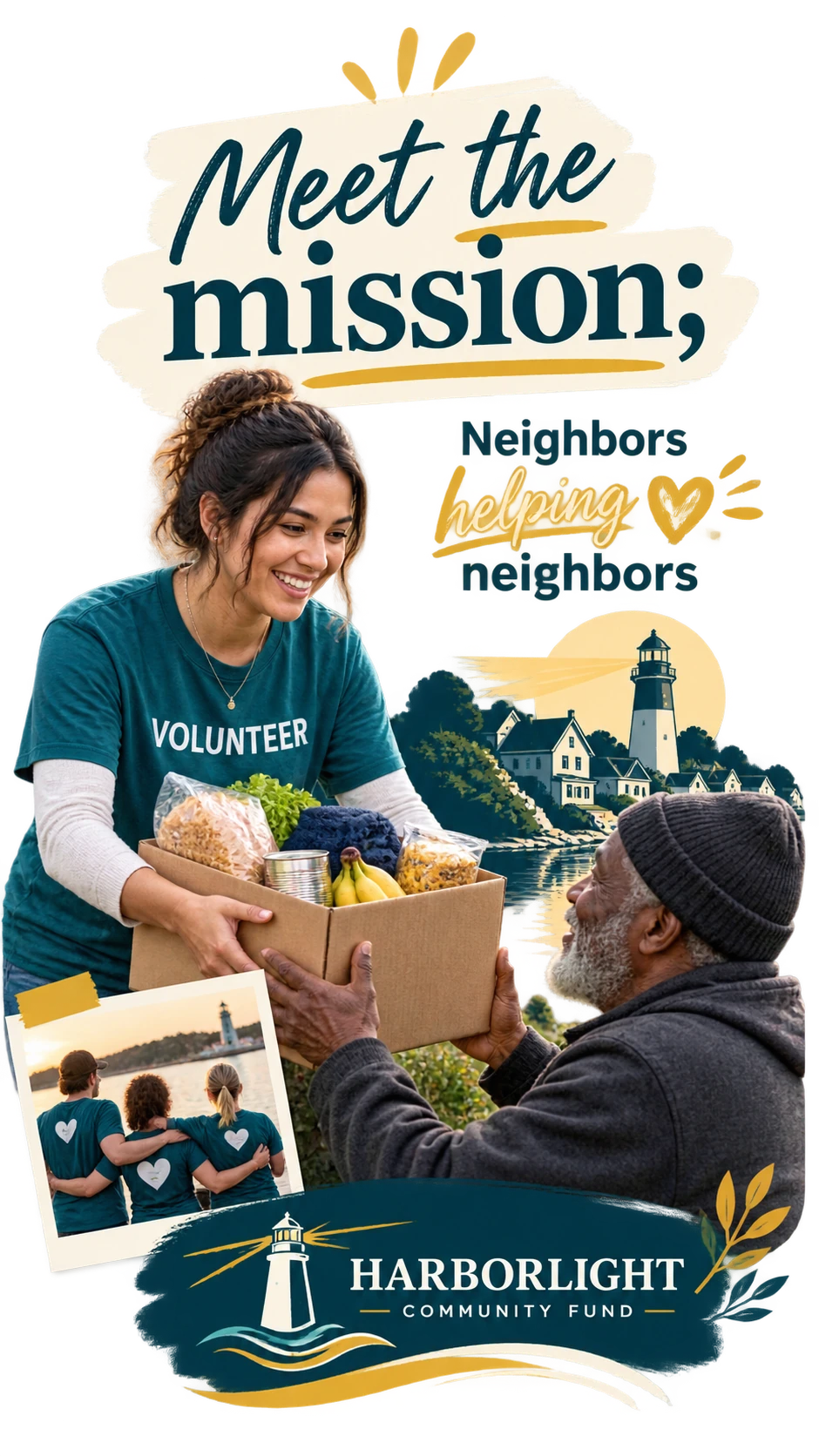 Mission-story Reel: meet the mission, neighbors helping neighbors; a volunteer handing a box of groceries to a neighbour at the harbour, and the fund’s own lockup at the foot.