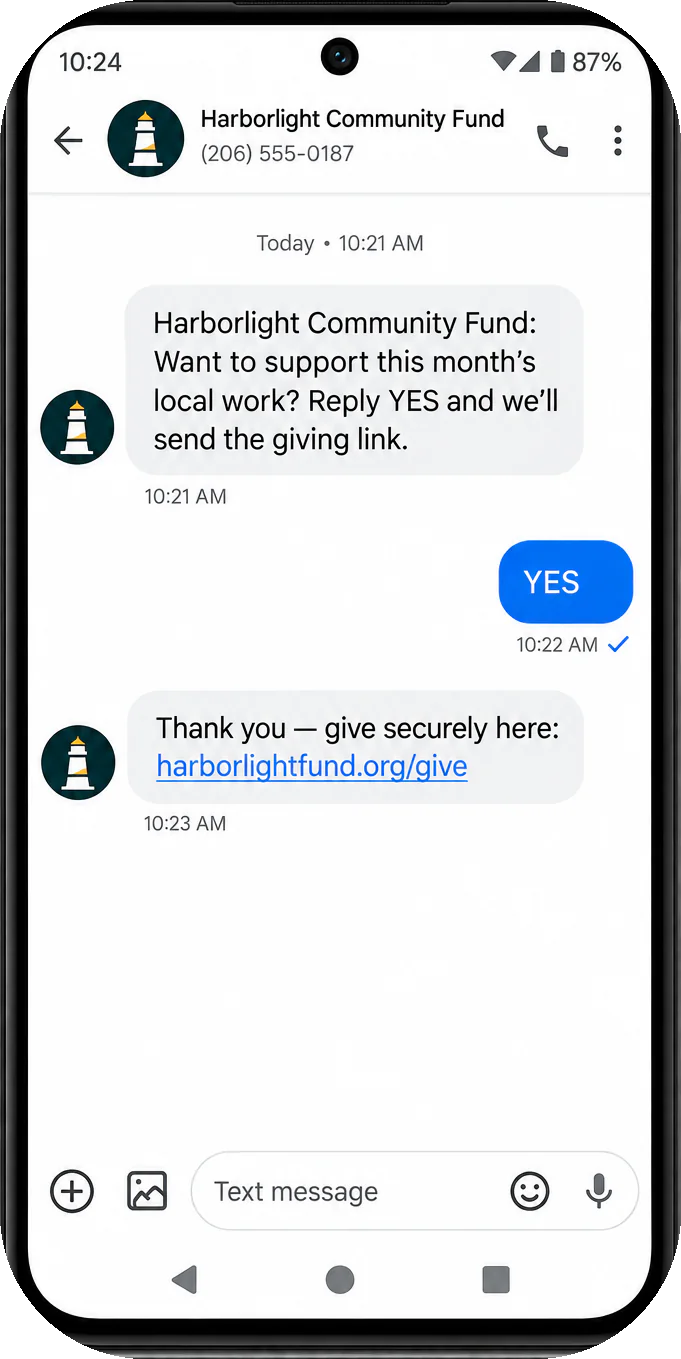 Text-to-donate text: want to support this month’s local work, reply YES and we’ll send the giving link; the YES, then the fund’s own giving link.