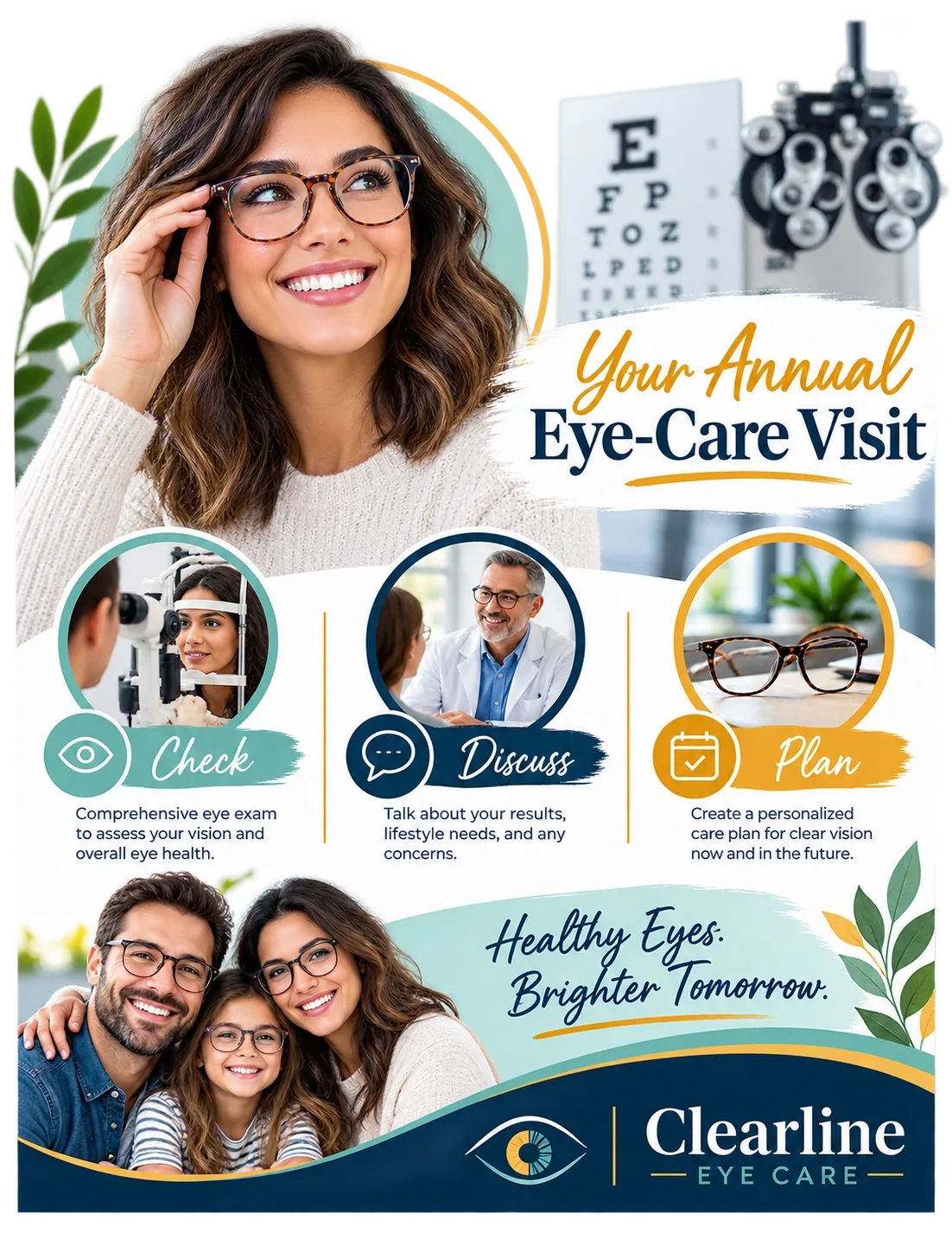 Annual-care one-sheet: your annual eye-care visit; check, discuss, plan, a line under each; healthy eyes, brighter tomorrow.