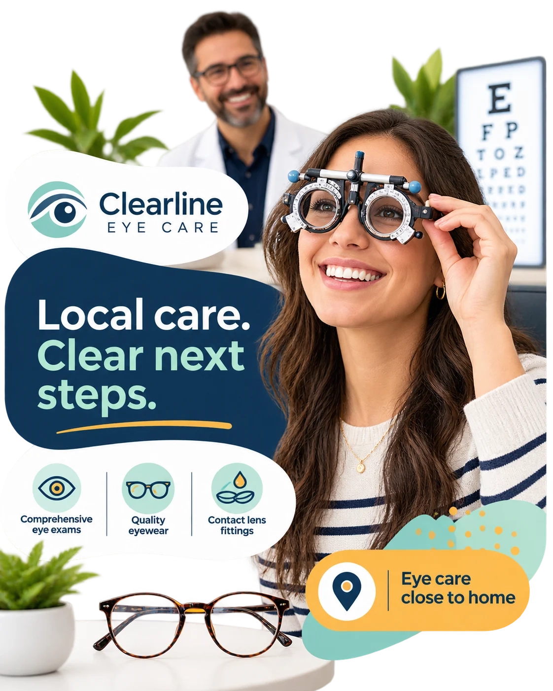 Local-awareness carousel card: local care, clear next steps; comprehensive eye exams, quality eyewear, contact lens fittings; eye care close to home.
