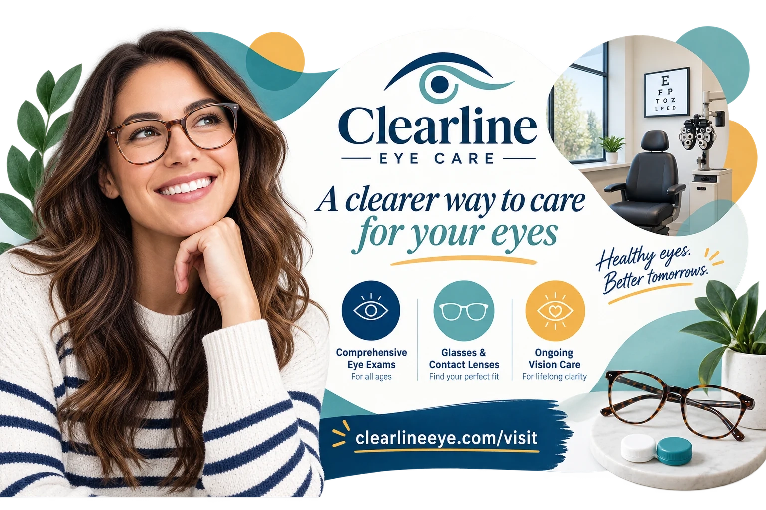 Local eye-care postcard: a clearer way to care for your eyes; comprehensive eye exams for all ages, glasses and contact lenses, ongoing vision care; healthy eyes, better tomorrows; the practice’s visit page.