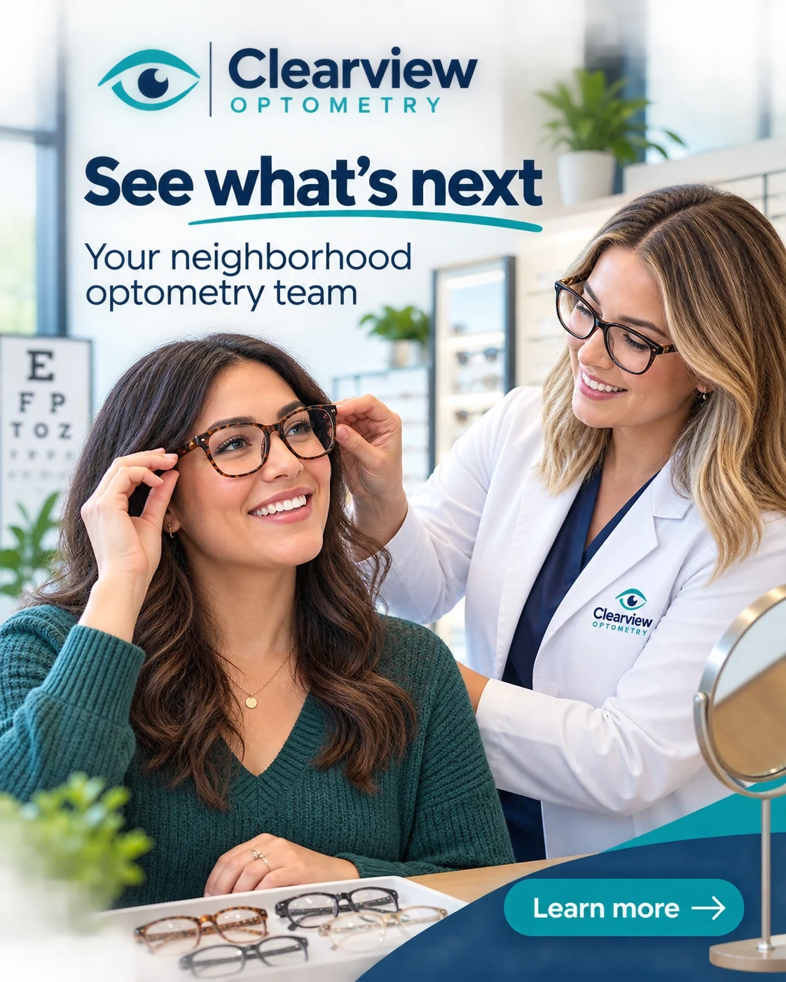 Local-awareness feed unit: see what’s next, your neighborhood optometry team; a fitting at the frame bar; learn more.