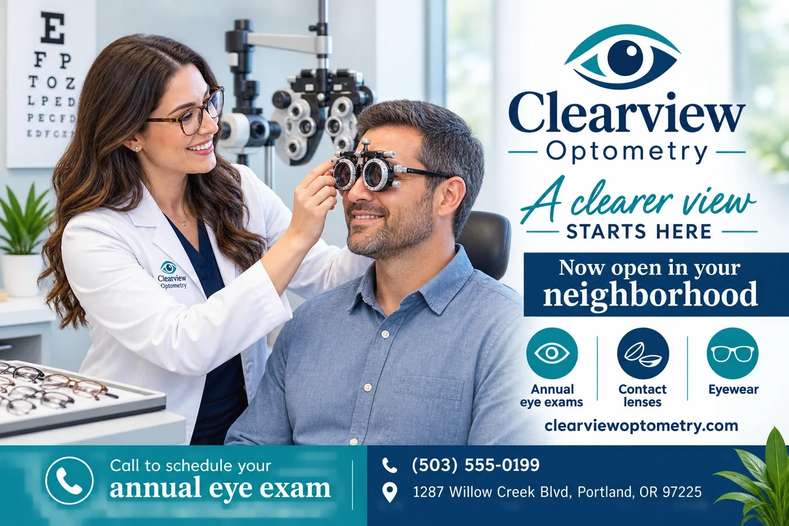 New-office announcement postcard: a clearer view starts here, now open in your neighborhood; annual eye exams, contact lenses, eyewear; call to schedule your annual eye exam, with the phone number and the street address.