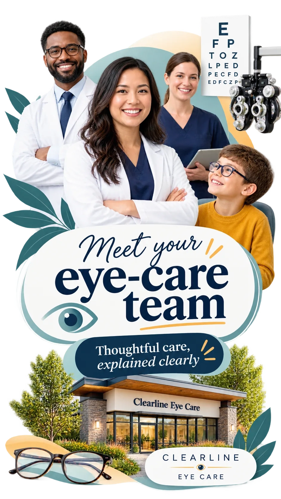 Optometrist profile Reel: meet your eye-care team, thoughtful care explained clearly; the team, a young patient in the chair, the practice’s storefront; the practice’s name at the foot.