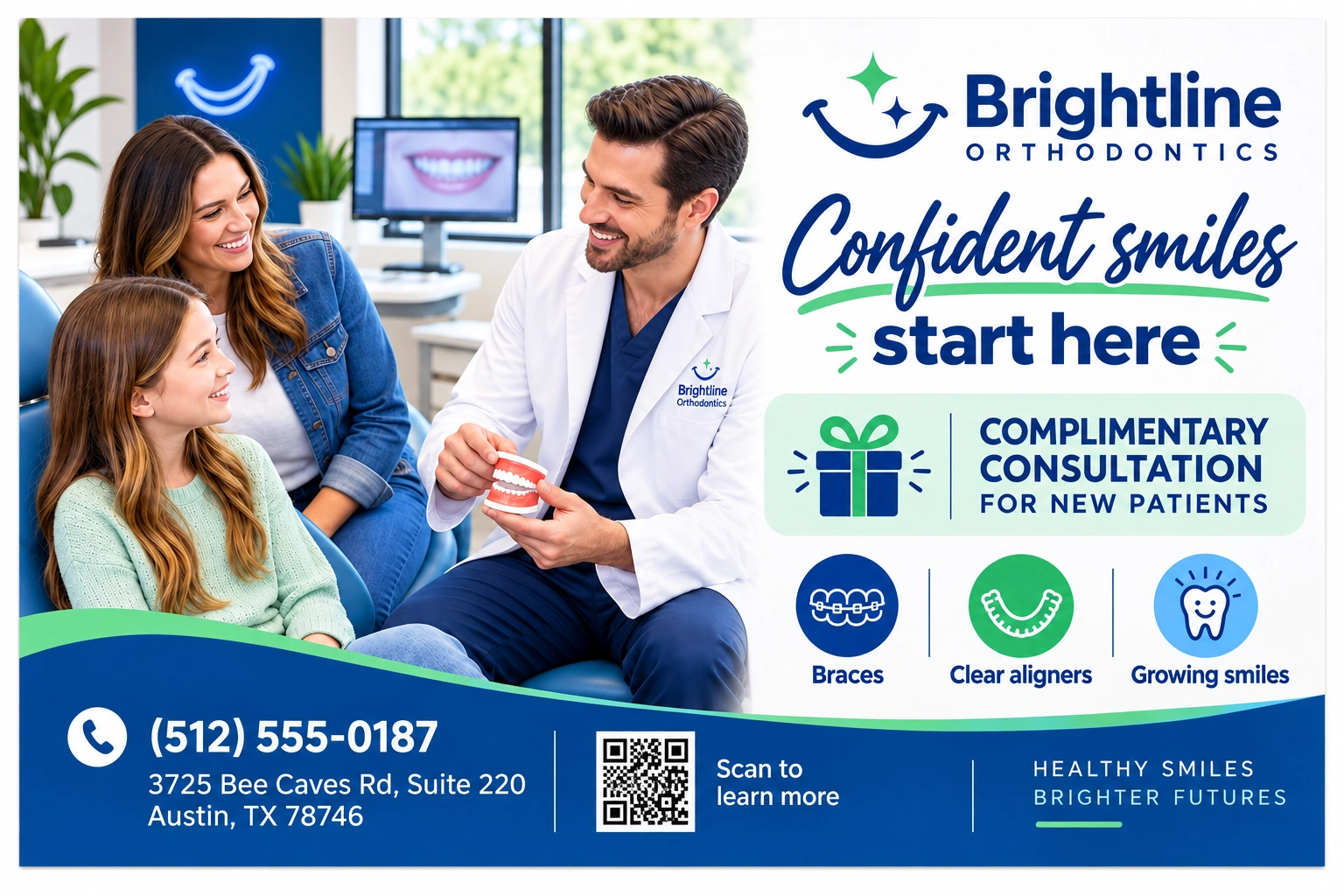 Family postcard: confident smiles start here, a complimentary consultation for new patients; braces, clear aligners, growing smiles; call to reserve your consultation, with the phone number, the street address and the web address.