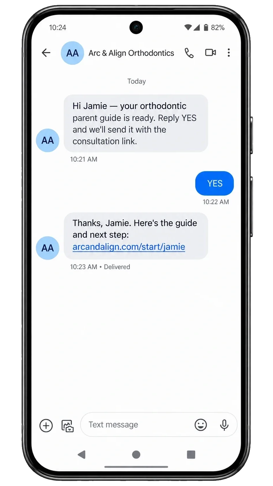 Parent-nurture text, addressed by first name: your orthodontic parent guide is ready, reply YES and we’ll send it with the consultation link; the YES; then the guide and the next step, the link.