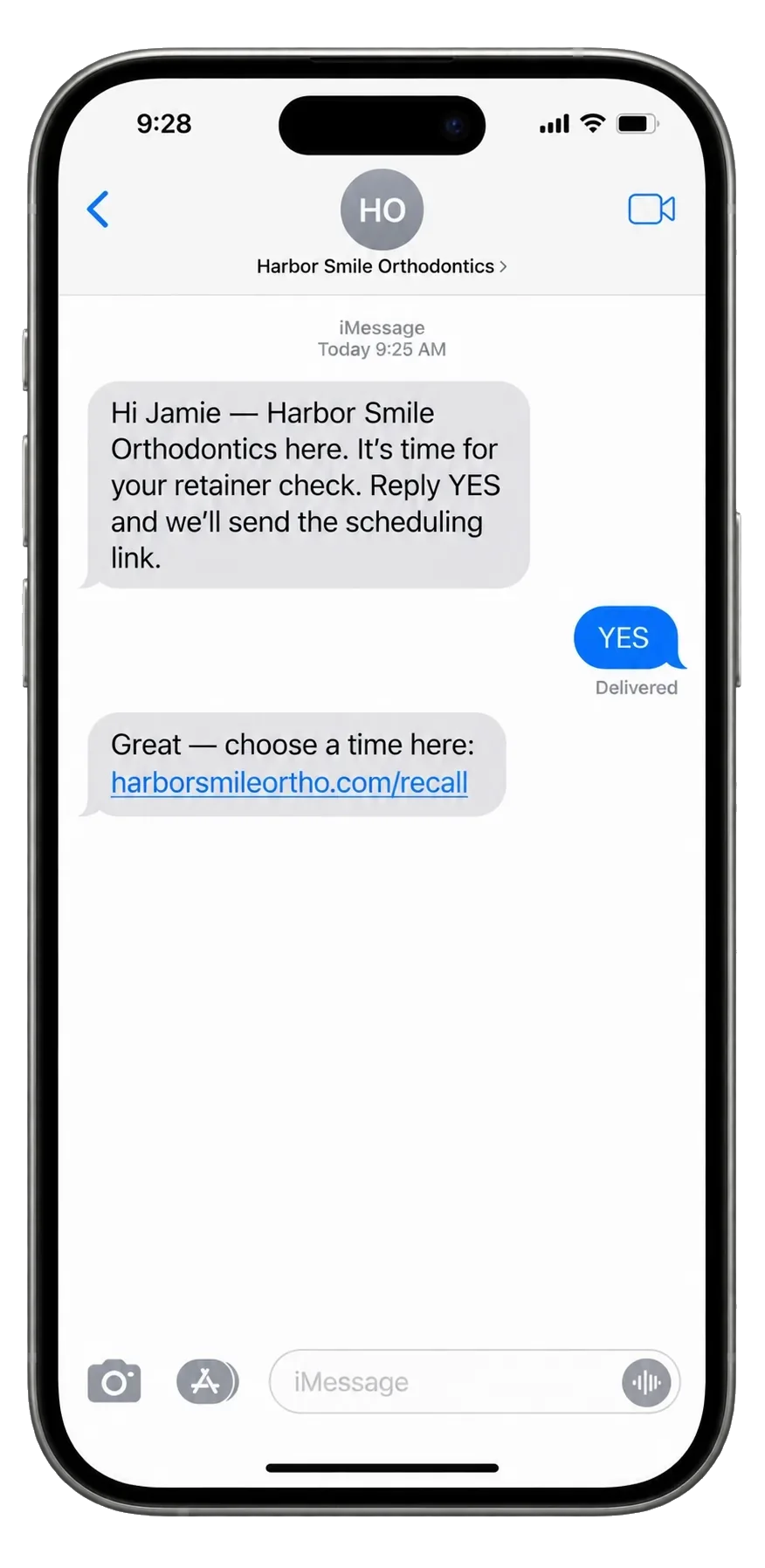 Retainer-check recall text, addressed by first name: it’s time for your retainer check, reply YES and we’ll send the scheduling link; the YES; then choose a time here, the recall link.