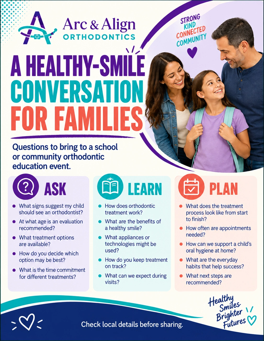 School-and-community flyer: a healthy-smile conversation for families, questions to bring to a school or community orthodontic education event; ask, learn, plan; the table set for the event.