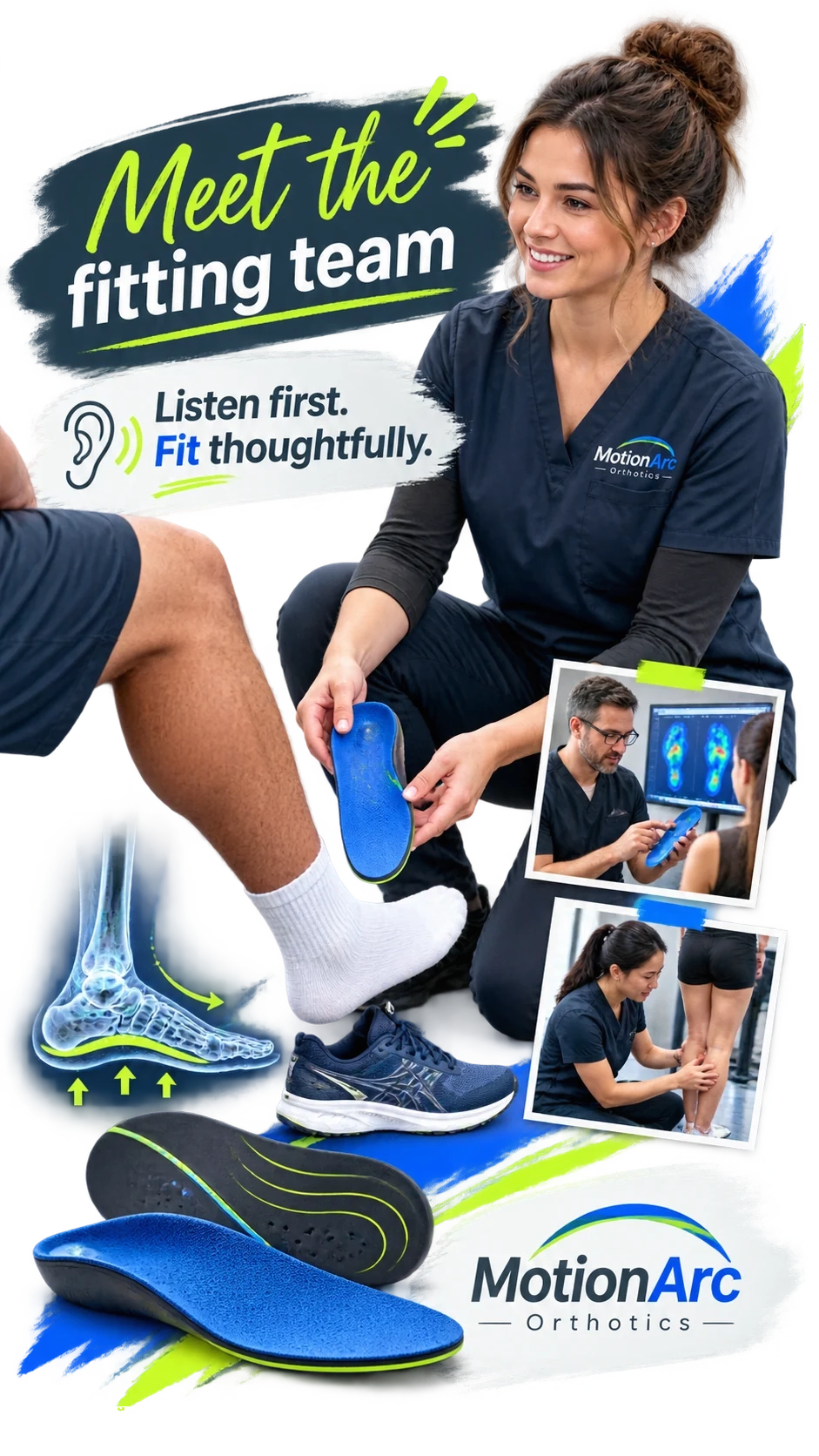 Fitting-team Reel cover: meet the fitting team; listen first, fit thoughtfully; the clinician with a device in hand, the fitting stills; the practice’s name at the foot.