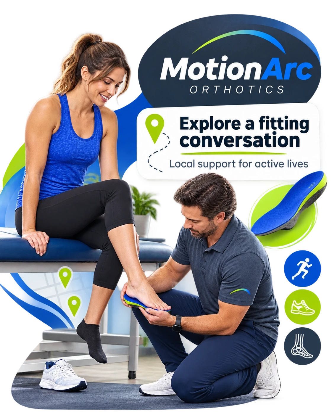 Local-fitting carousel card: explore a fitting conversation, local support for active lives; a clinician fitting a device in the clinic; the practice’s name in the panel.