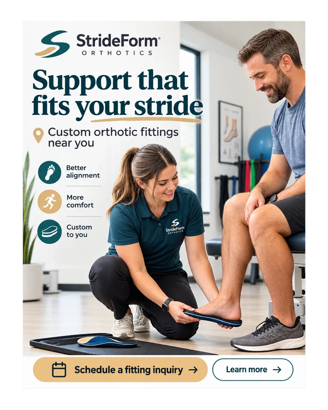 Fitting-inquiry feed unit: support that fits your stride, custom orthotic fittings near you; better alignment, more comfort, custom to you; the clinician fitting a device; schedule a fitting inquiry, learn more.