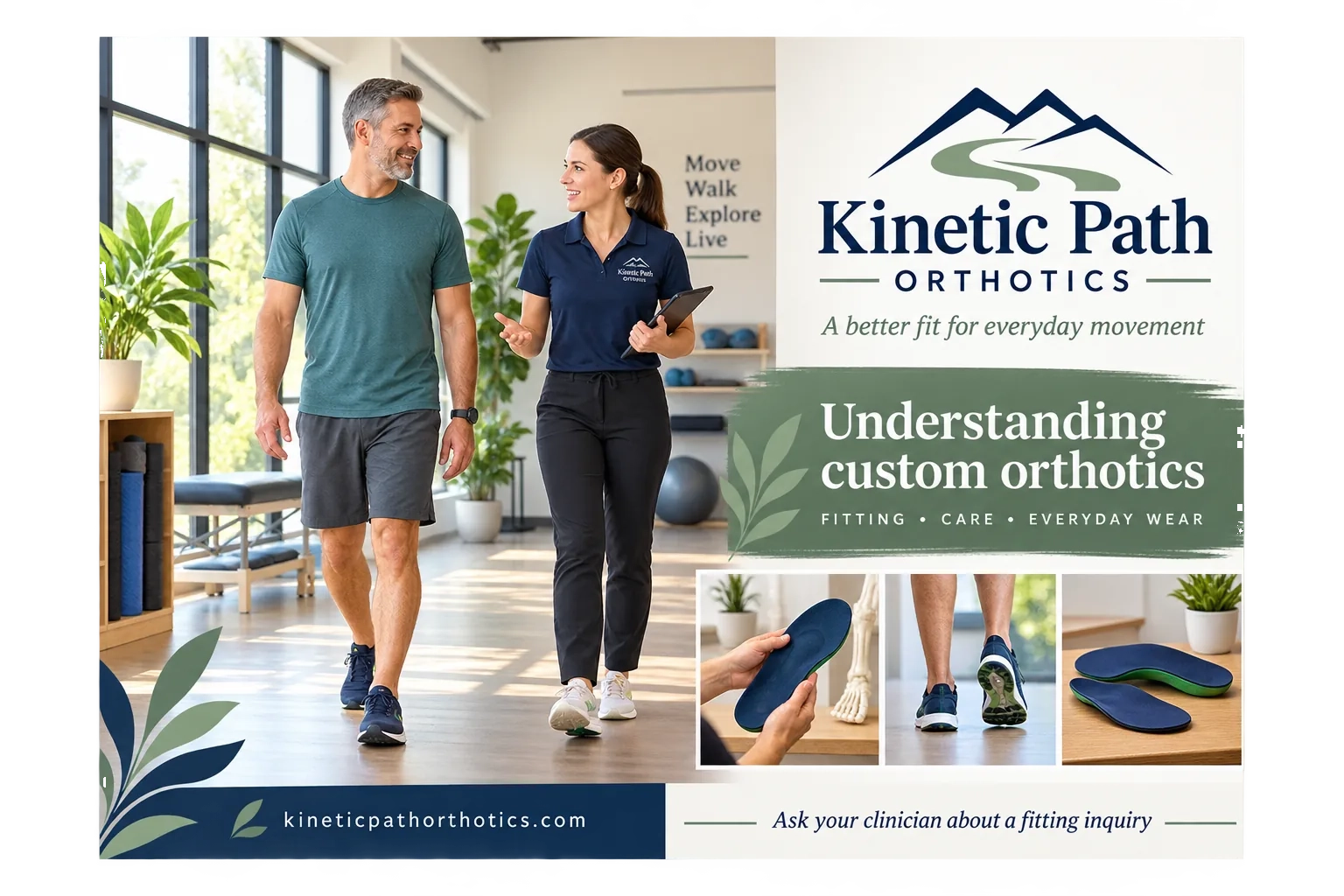 Patient-education brochure: understanding custom orthotics; fitting, care, everyday wear; a clinician walking a patient through the clinic; ask your clinician about a fitting inquiry; the practice’s web address.