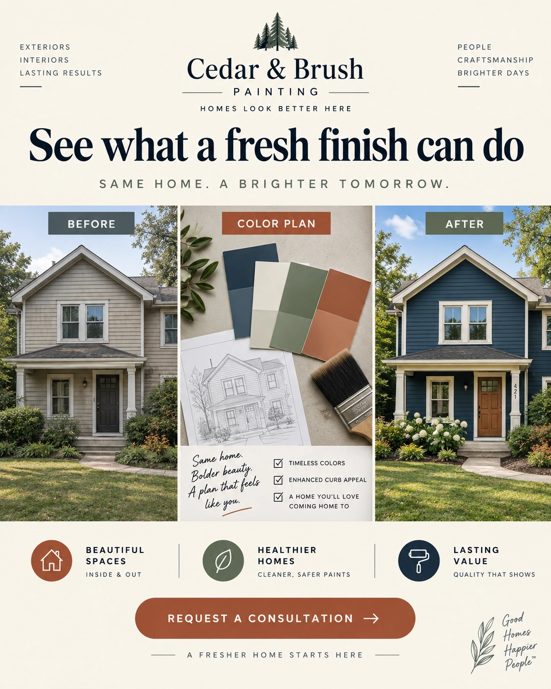 Before-and-after carousel: see what a fresh finish can do; the same house before and after the repaint; request a consultation.