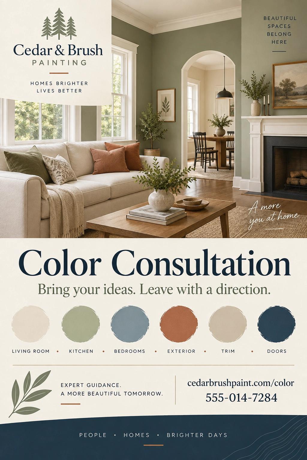 Color consultation mailer: bring your ideas, leave with a direction; the fan decks, the chips and the sample boards; a project-ideas list of living room, kitchen, bedrooms, exterior, trim and doors; cedarbrushpaint.com/color.