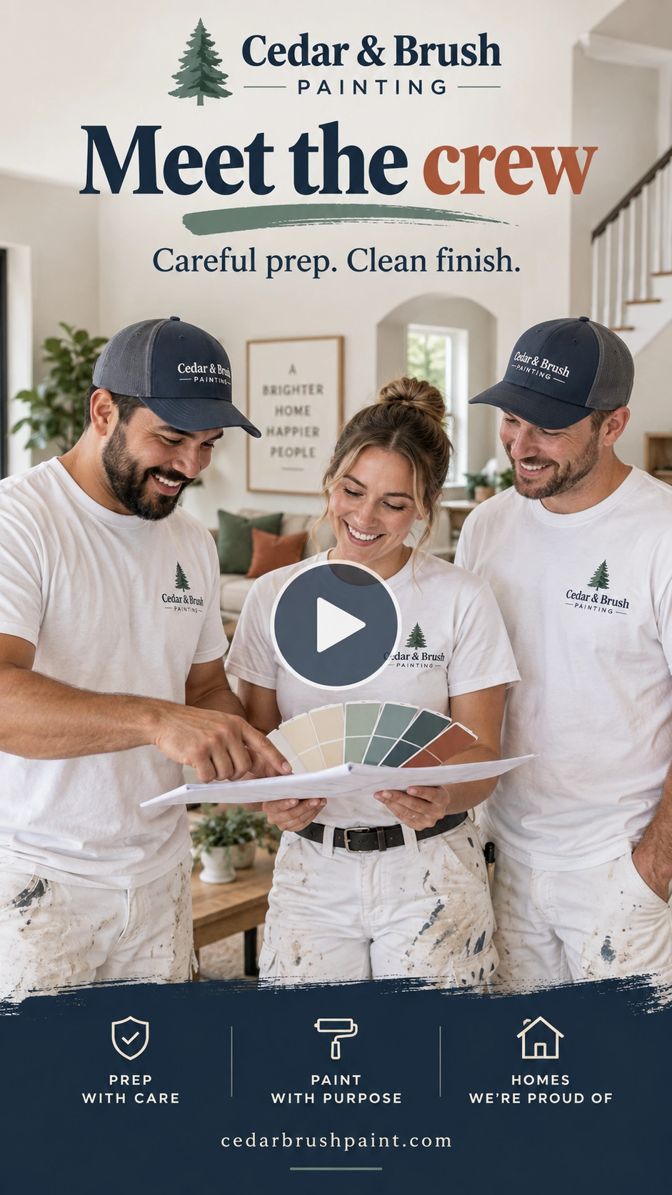Painter-profile Reel cover: meet the crew; careful prep, clean finish; the crew and the homeowner over the fan deck and the sample boards.