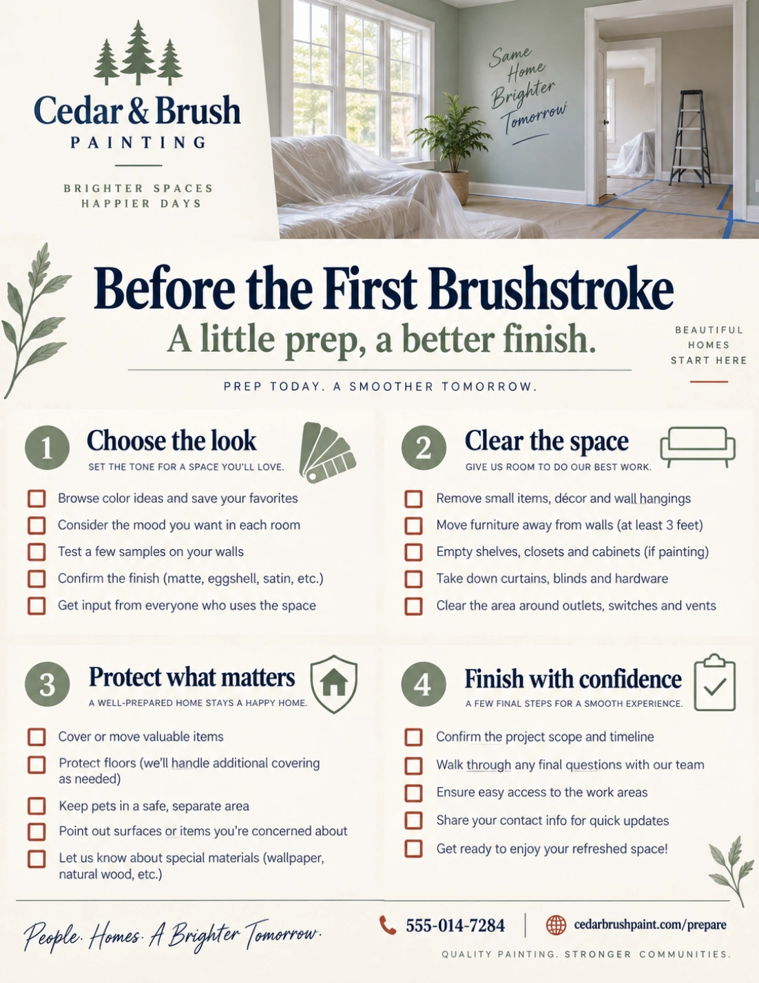 Project prep checklist: before the first brushstroke, a little prep, a better finish; choose the right look and products, clear the space, protect what matters, finish with confidence.