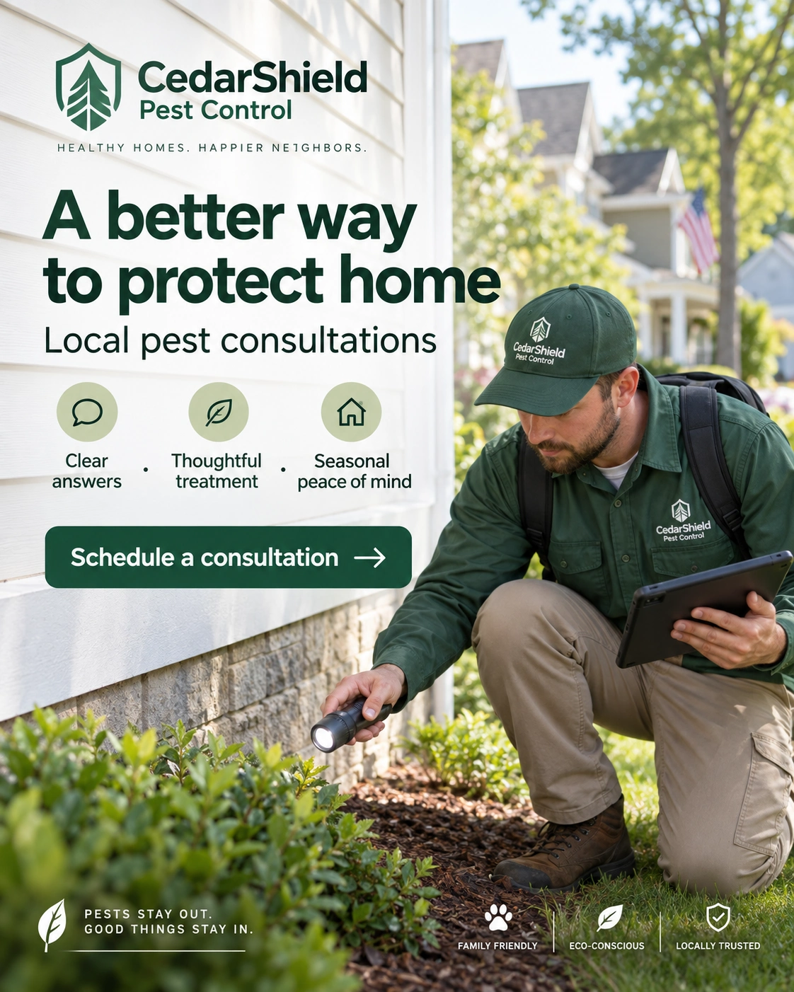 Consultation feed unit: a better way to protect home; local pest consultations; the technician with the tablet and the light at the foundation planting, the van at the kerb; schedule a consultation, or learn more.