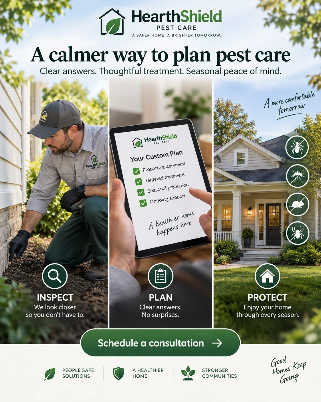 Consultation carousel: a calmer way to plan pest care; the technician kneeling at the bed with the light, four pest roundels down the edge; schedule a consultation.