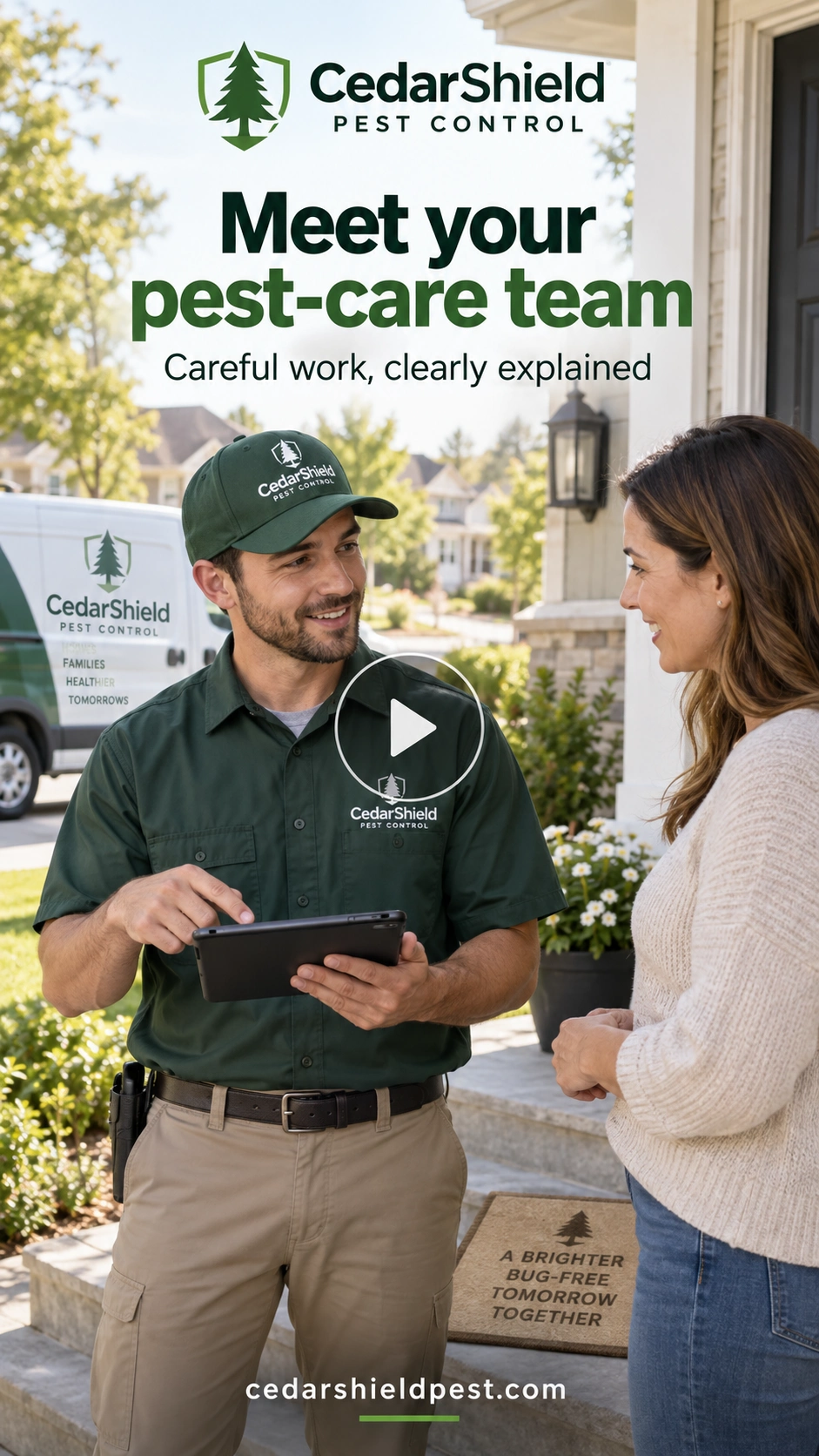 Pest-care team Reel cover: meet your pest-care team; careful work, clearly explained; the technician with the tablet talking to the homeowner on the step, four pest roundels down the edge.