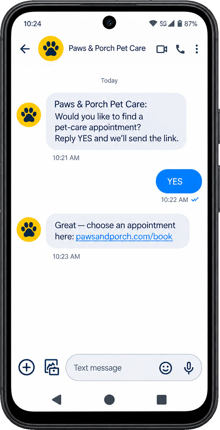 Appointment follow-up thread: the brand here, would you like to find a pet-care appointment, reply YES and we’ll send the link, then the YES and the brand’s own booking link.