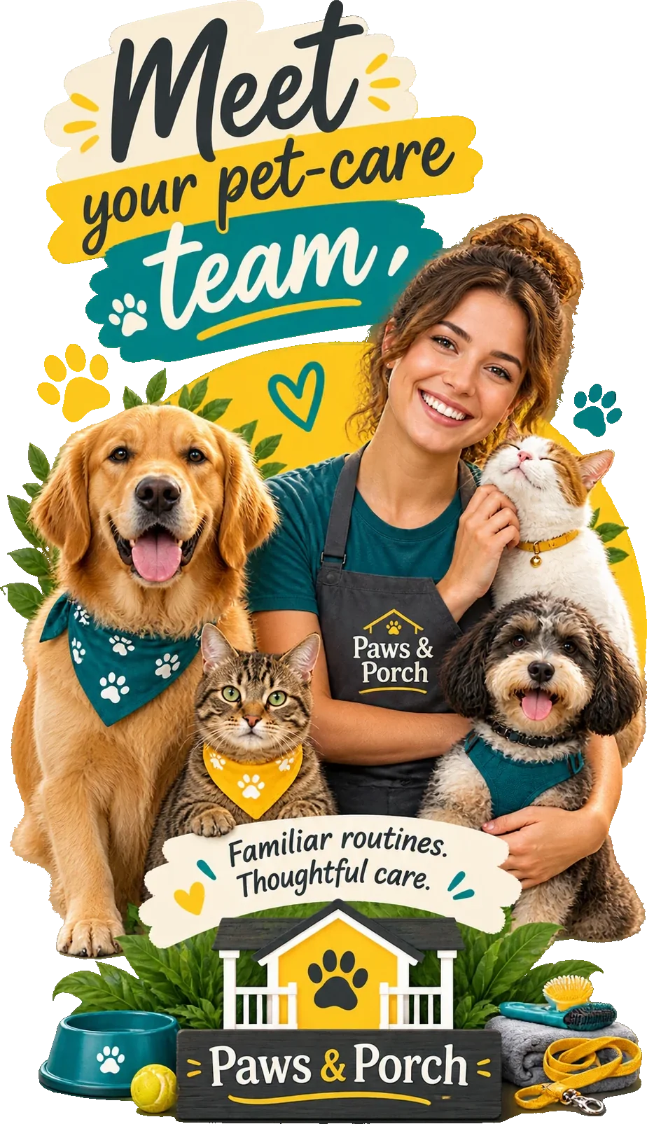 Caregiver-profile Reel: meet your pet-care team, familiar routines and thoughtful care, a caregiver in the brand’s own apron with two dogs and two cats around her, and the brand’s own sign at the foot.