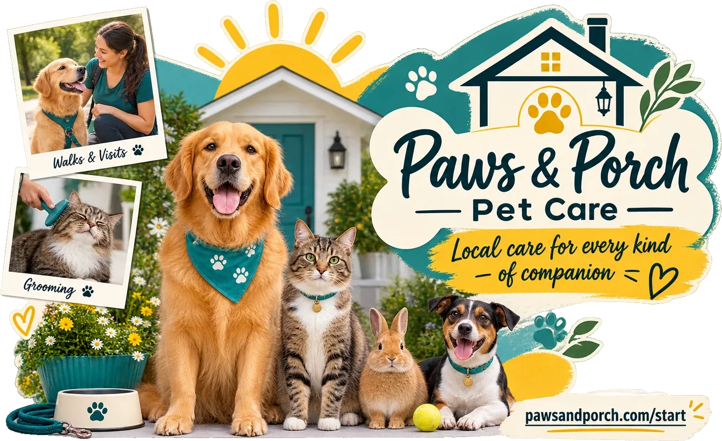 Local-care postcard: local care for every kind of companion, under the brand’s own porch lockup, with two labelled snapshots at the left, a dog, a cat, a rabbit and a second dog across the front, and the brand’s own start address along the foot.