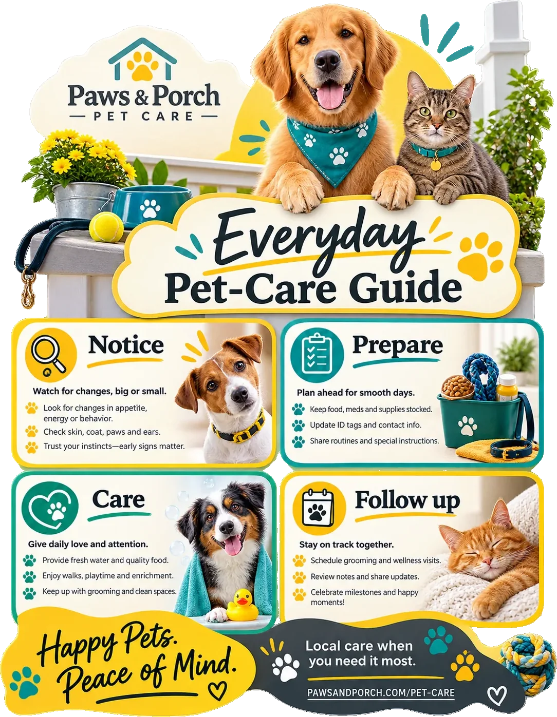 Everyday pet-care guide: notice, prepare, care and follow up as four marked panels, each with its own three lines, above happy pets, peace of mind and the brand’s own care address along the foot.