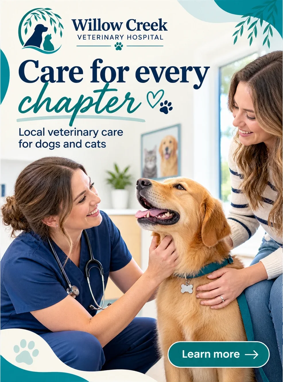 Care-for-every-chapter feed unit: the hospital’s own lockup above care for every chapter, local veterinary care for dogs and cats beneath it, a veterinarian and an owner with a dog between them in the consulting room, and learn more across the foot.