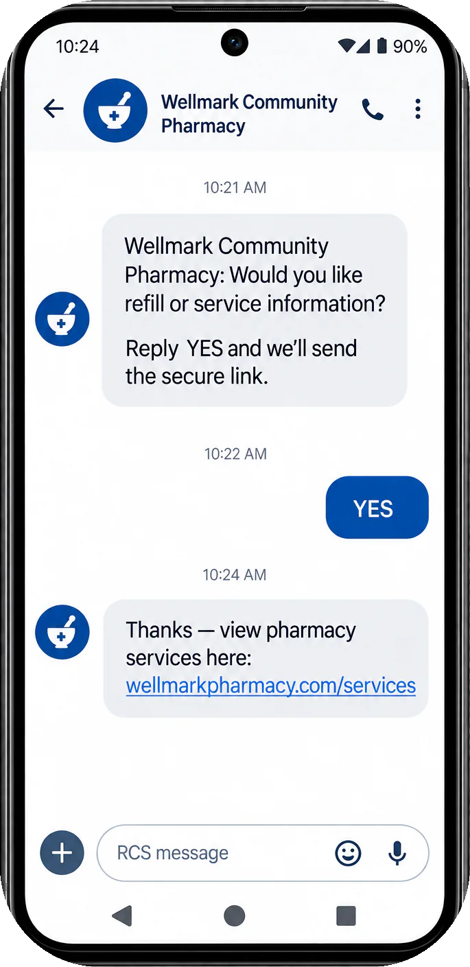 Refill-and-services text: would you like refill or service information, reply YES and we’ll send the secure link; the YES; then the pharmacy’s services link.