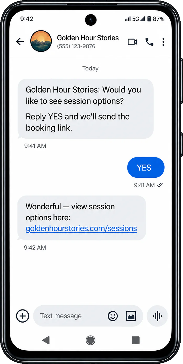 Booking follow-up thread: the studio here, would you like to see session options, reply YES and we’ll send the booking link, then the YES and the studio’s own sessions link.