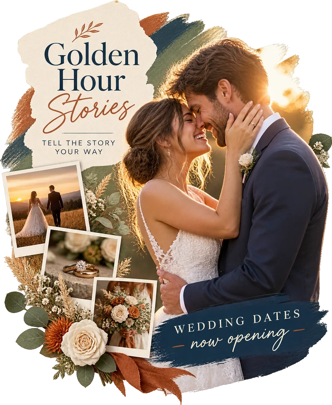 Engaged-couple carousel: tell the story your way, under the studio’s own lockup, with three framed prints down the left and wedding dates now opening across the foot.