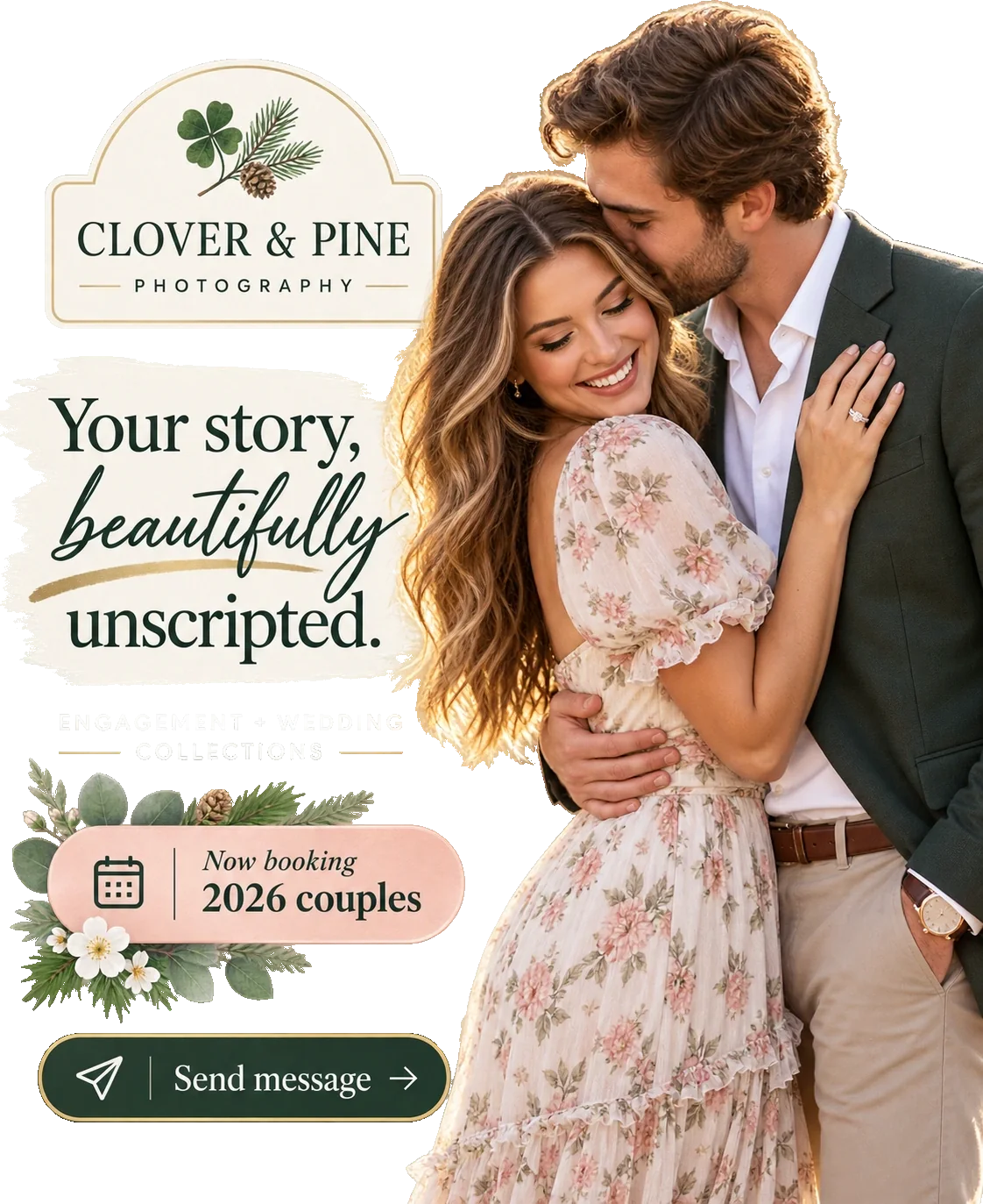 Engaged-couple feed unit: your story, beautifully unscripted, under the studio’s own lockup, with an engagement and wedding collections line, a now-booking pill and send message across the foot.
