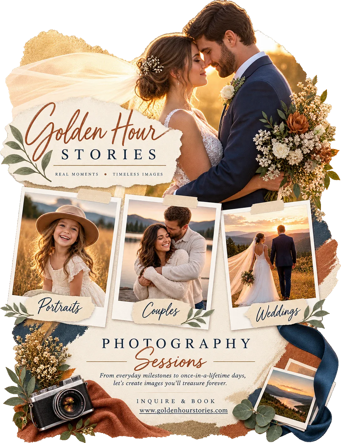 Package one-sheet: photography sessions under the studio’s own lockup, with portraits, couples and weddings as three labelled prints, from everyday milestones to once-in-a-lifetime days beneath them, and inquire and book beside the studio’s own web address.