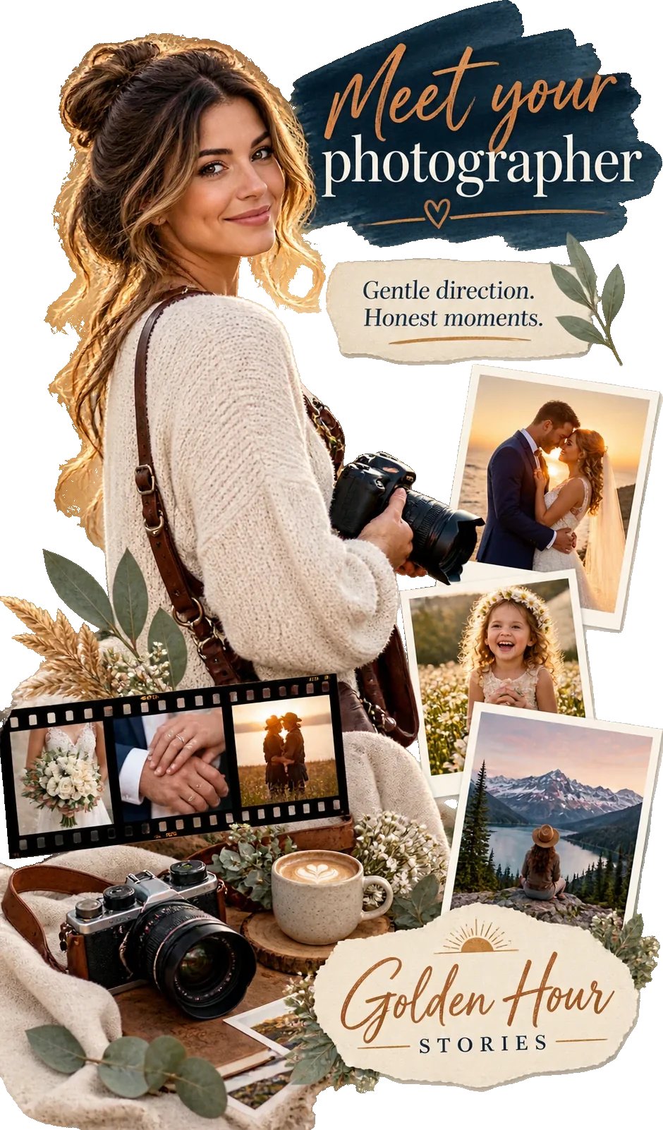 Photographer-profile Reel: meet your photographer, gentle direction and honest moments, the photographer with her camera above a strip of film and three framed prints, and the studio’s own name at the foot.