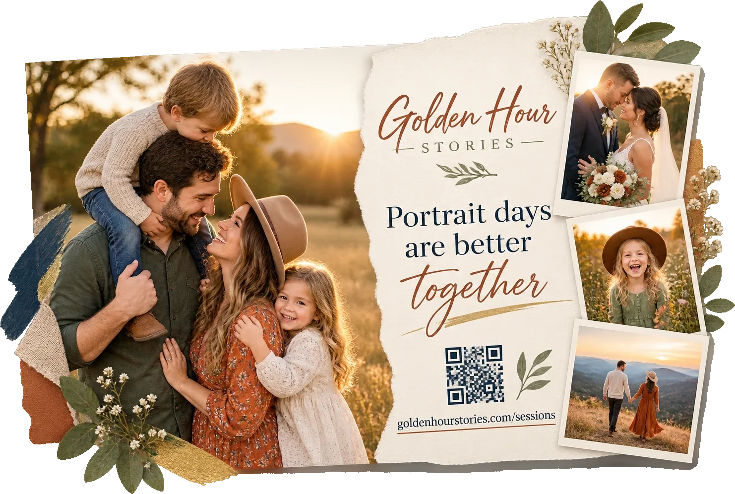 Seasonal portrait postcard: portrait days are better together, beside the studio’s own lockup, with a torn-paper panel carrying a QR code and the studio’s own sessions address, three framed prints down the right and a family in a field across the left.