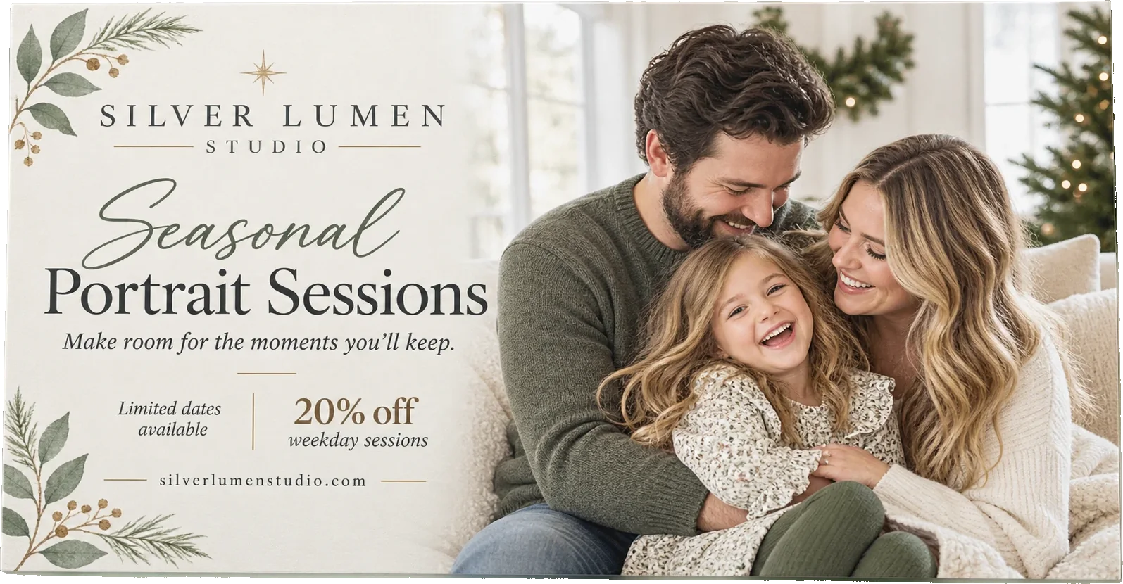 Seasonal portrait-session postcard: seasonal portrait sessions, make room for the moments you’ll keep, under the studio’s own lockup, with a limited-dates note beside the session discount it carries and the studio’s own web address along the foot.