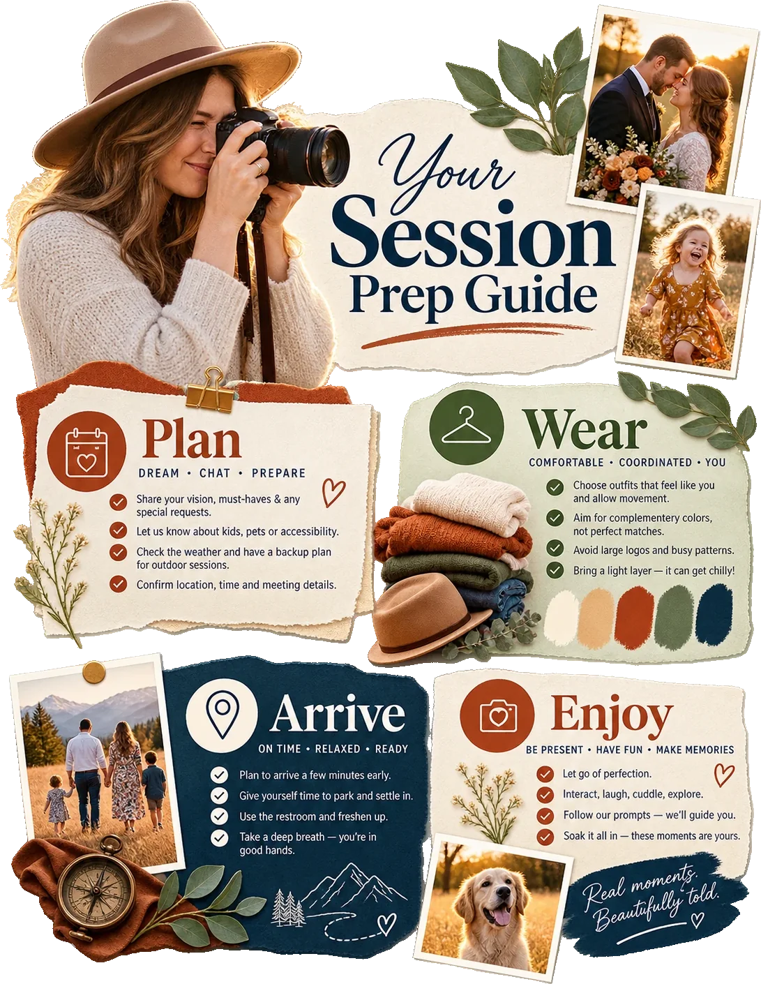 Session prep guide: plan, wear, arrive and enjoy as four marked panels, each with its own ticked lines, above real moments, beautifully told.