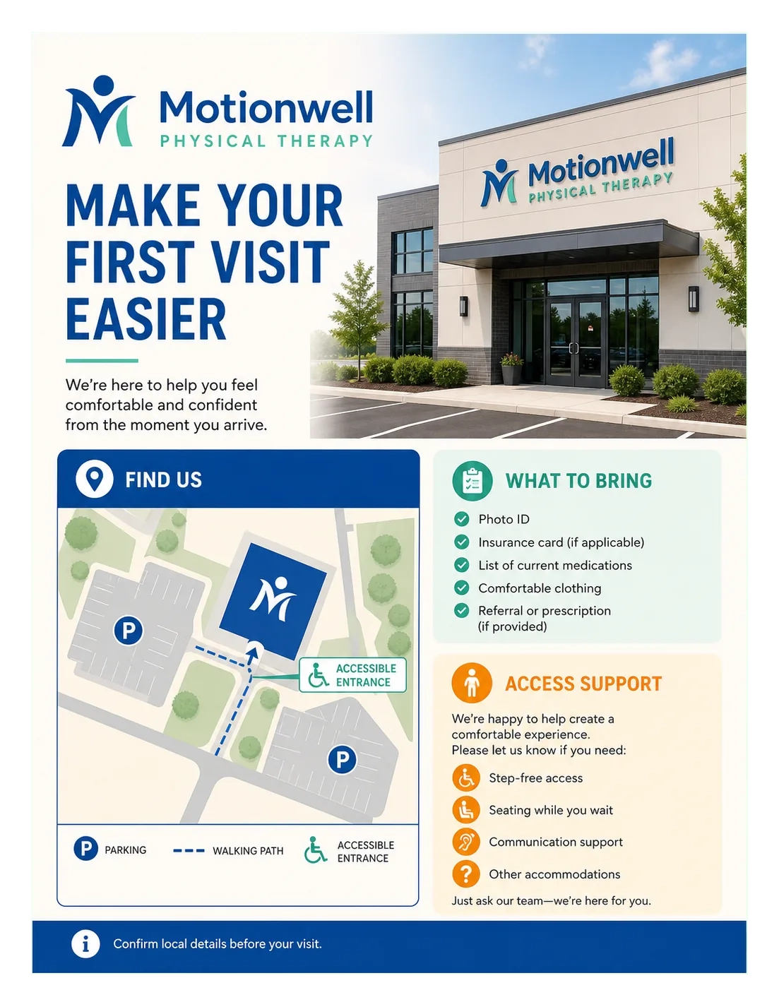 Clinic-access guide: make your first visit easier; find us, with parking, the walking path and the accessible entrance; what to bring; access support.
